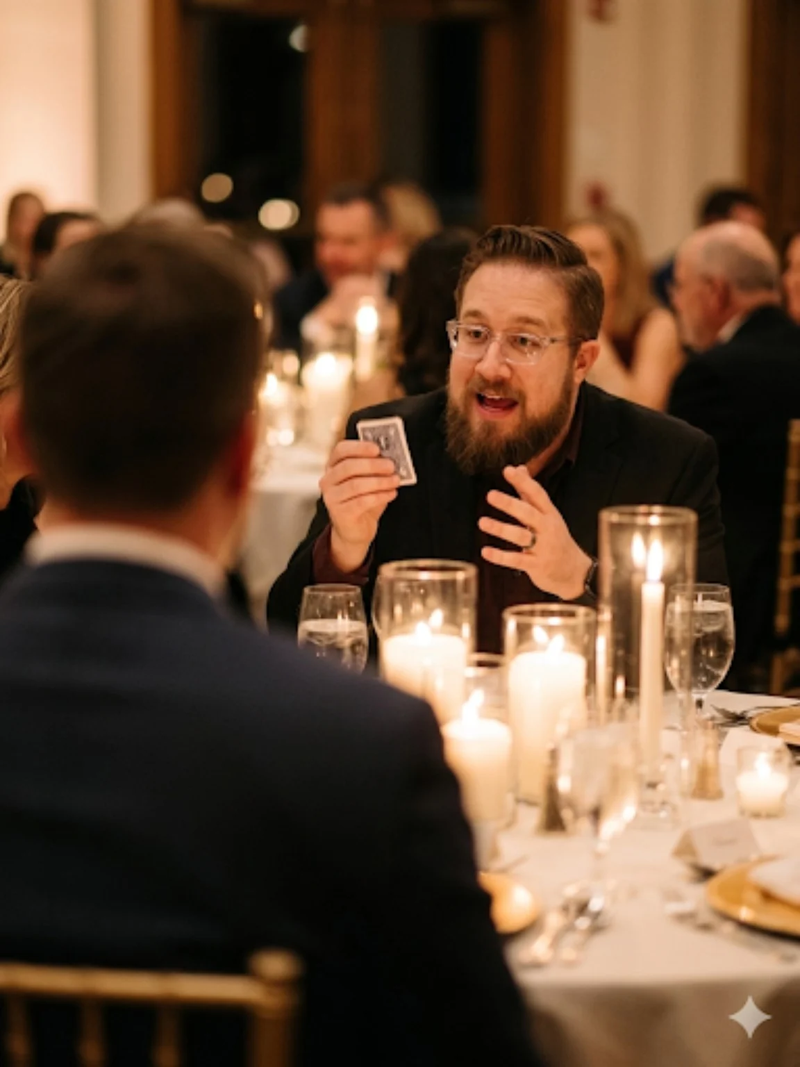 Chris Wheel performing close-up magic for guests at a candlelit formal dinner