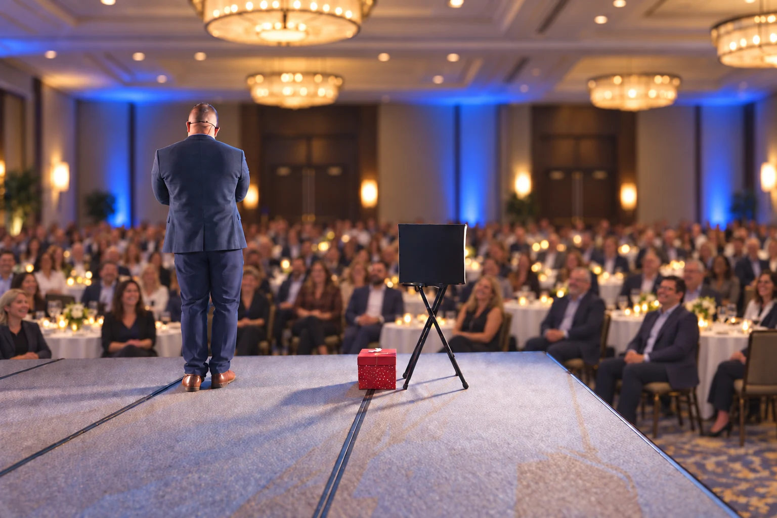 Chris Wheel entertaining a seated audience at a corporate event